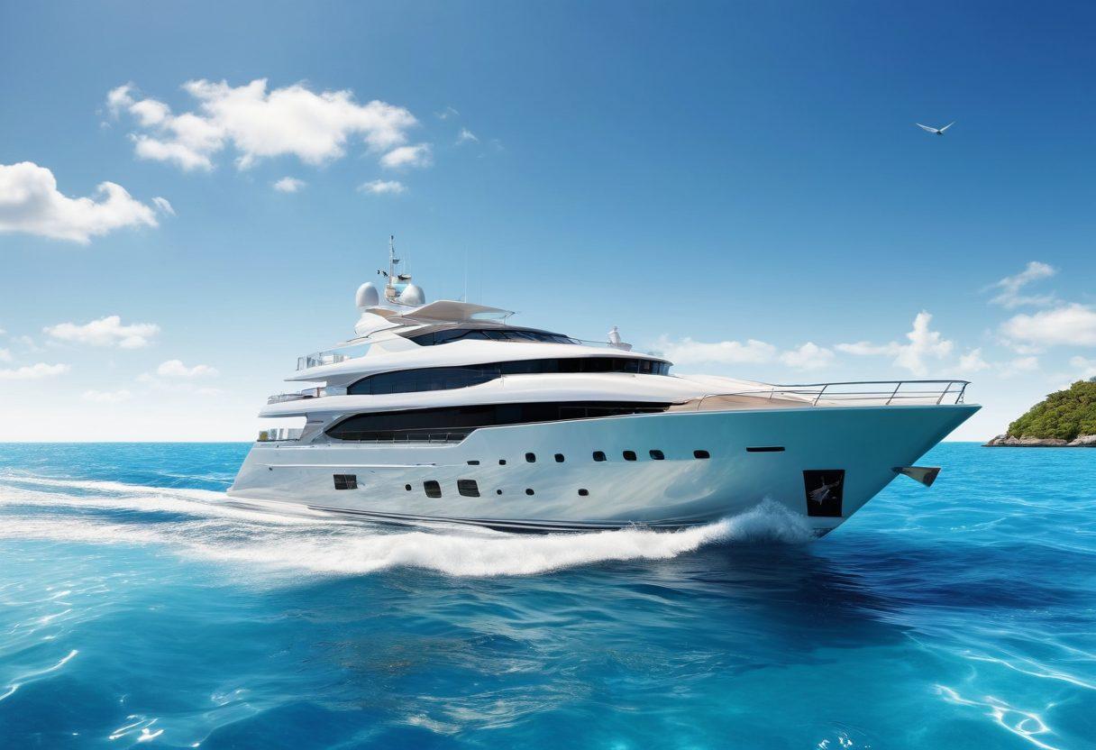 A luxurious yacht cruising on crystal-clear waters under a bright blue sky, surrounded by various marine life. Include graphical elements like policy documents and a calculator subtly integrated into the waves, symbolizing insurance coverage options. The scene should feel inviting and aspirational, emphasizing protection and adventure on the water. super-realistic. vibrant colors. white background.
