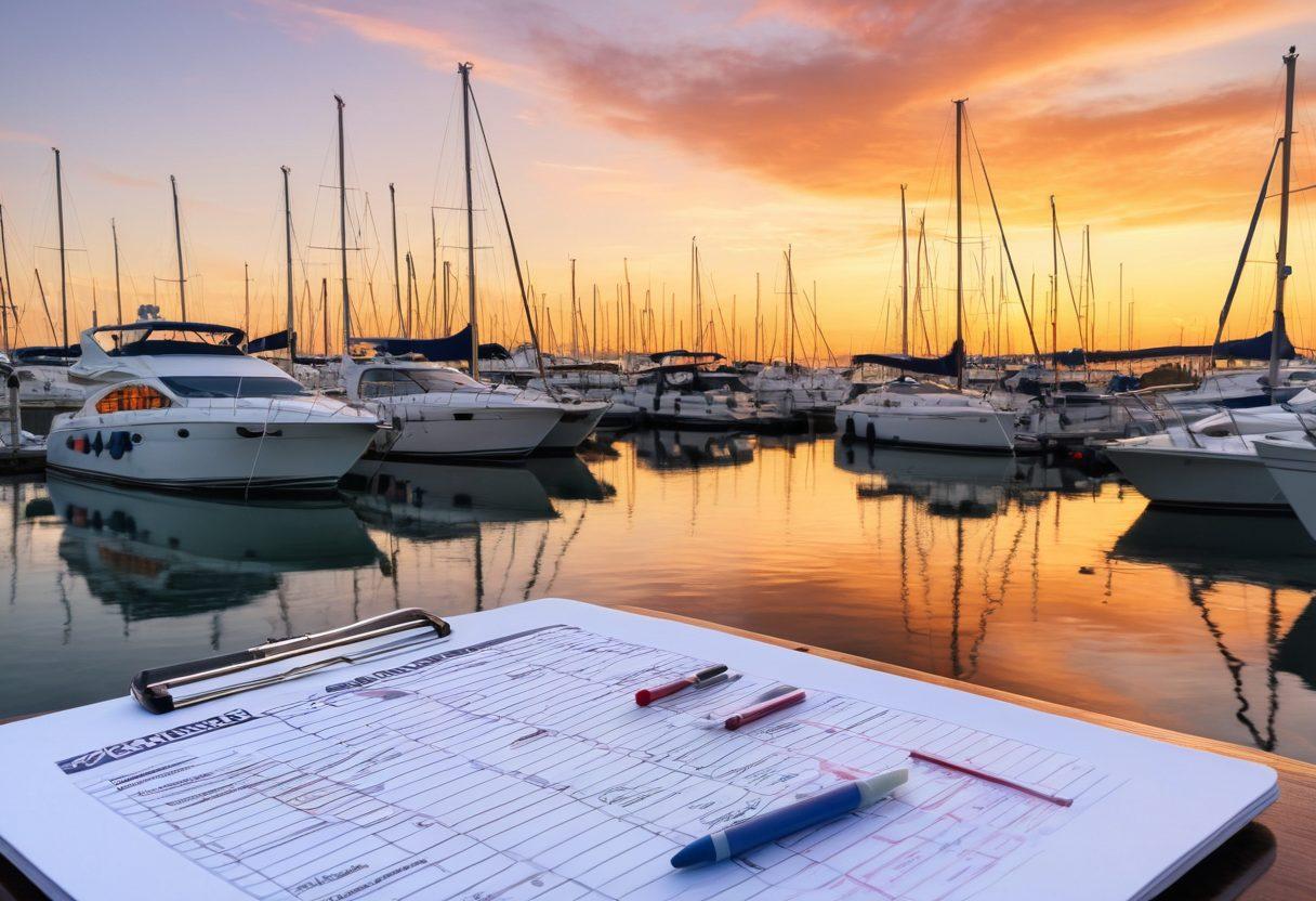 A serene marina at sunset, with a variety of yachts anchored gently on the water, each adorned with a subtle price tag to represent affordability. In the foreground, a clipboard with a checklist titled 'Yacht Insurance Tips' and a calculator to symbolize financial planning for Marine Asset Protection. The sky reflects vibrant oranges and purples in the water, creating a peaceful yet engaging atmosphere. super-realistic. vibrant colors. high-detail.