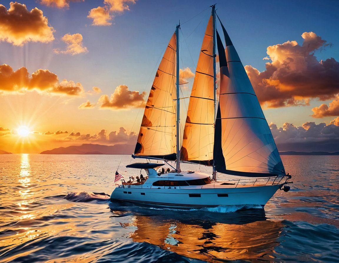 An elegant yacht sailing through calm waters, surrounded by insurance policy documents and nautical charts floating in the air. A serene sunset casts warm hues over the scene, symbolizing peace of mind. A compass and a life jacket are subtly integrated into the design, emphasizing safety and risk management. The yacht's sails are billowing gently, reflecting an adventurous spirit. super-realistic. vibrant colors. 3D.